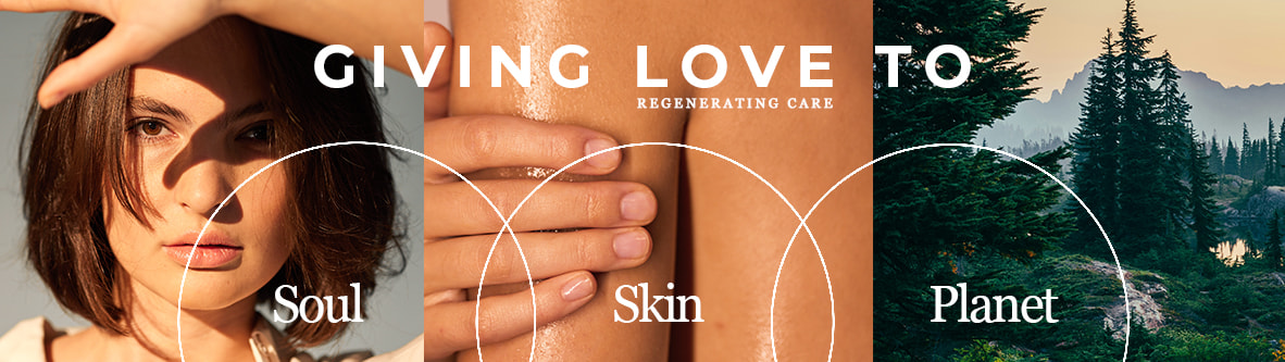 Banner mit dem Slogan 'Giving Love To - Regenerating Care', unterteilt in drei Bereiche: Soul (Frau im Sonnenlicht), Skin (nahaufnahme gepflegter Haut) und Planet (Waldlandschaft mit Bergen). Fokus auf Nachhaltigkeit und Regeneration.